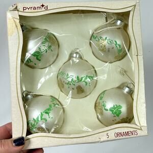 Vintage Pyramid Glass Ball Christmas Ornament Box Set of 5 Stenciled Glitter